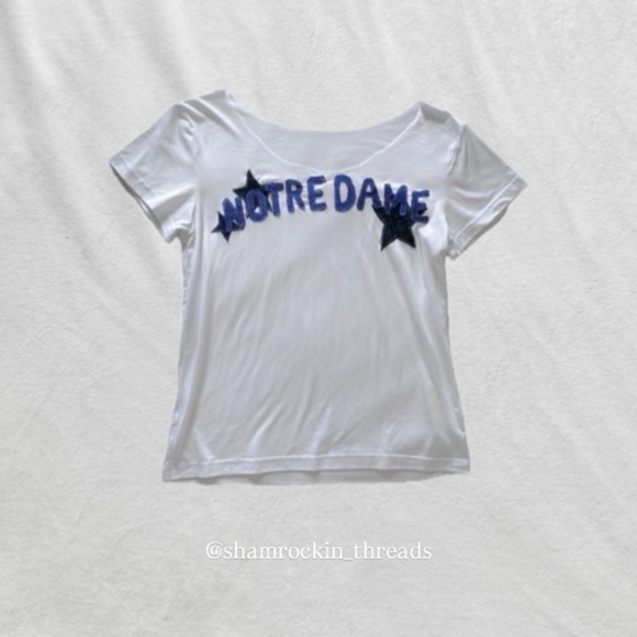 White Notre Dame quilted patchwork reworked Short Sleeve Tee - Picture 1 of 9